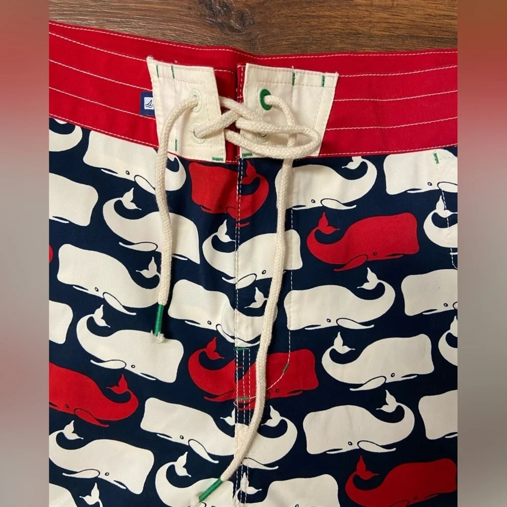 NWT Sperry Top Sider Men's Boardshorts Swim Size 38 Red/White Blue Whales Print